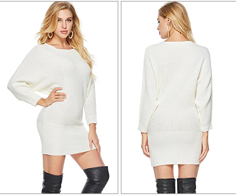 

Spring Autumn Knitted Sweater Dresses For Women 2020 Off Strapless Loose Long Bat Sleeve Elegant White Mini Dress Hip Dresses