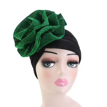 

Lady Bright Patchwork Big Flower Headbands Muslim Wedding Party Hair Accessories Turban Elastic Cloth Head Cap Women Vintage