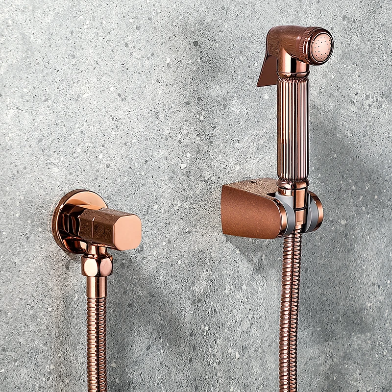 Hand Held Bidet Sprayer Douche Toilet Kit Shiny Rose Gold Brass Square