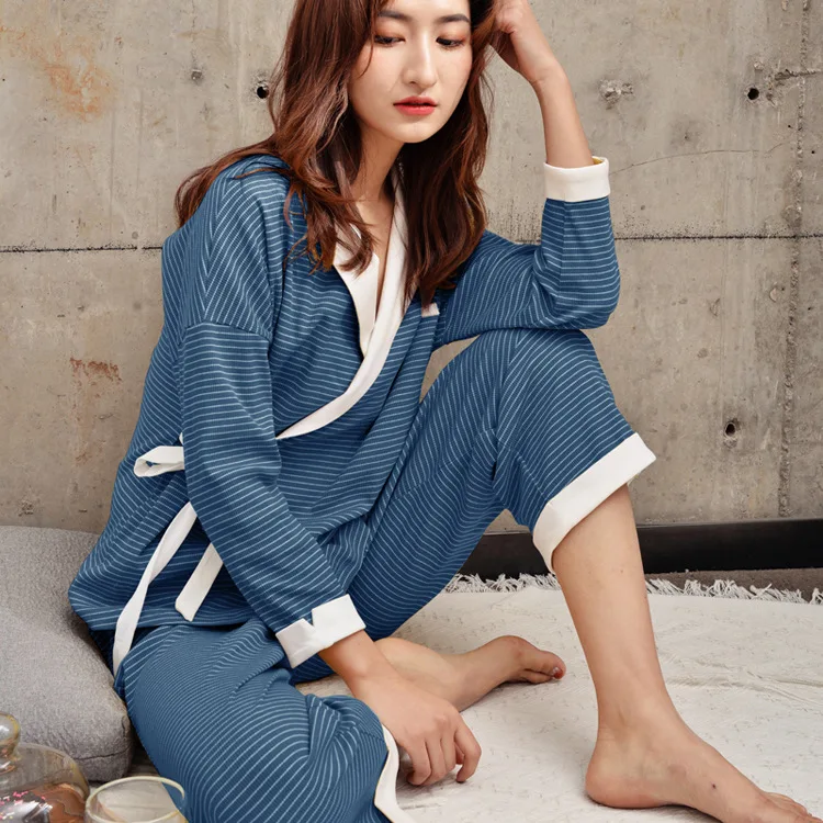 Spring New Pajamas Female Long-sleeved Trousers Cotton Pyjamas Women Striped V-Neck Kimono Couple Pajamas Casual Home Sleepwear