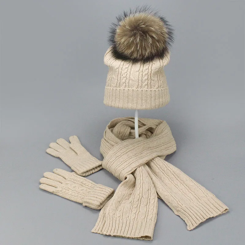 Real Fur Pompom Winter Knitted Hats For Women Hat Scarf Glove Set 3 Piece Sets Twist stripes Cap Gorros Bonnet Beanie Skullies - Цвет: Beige