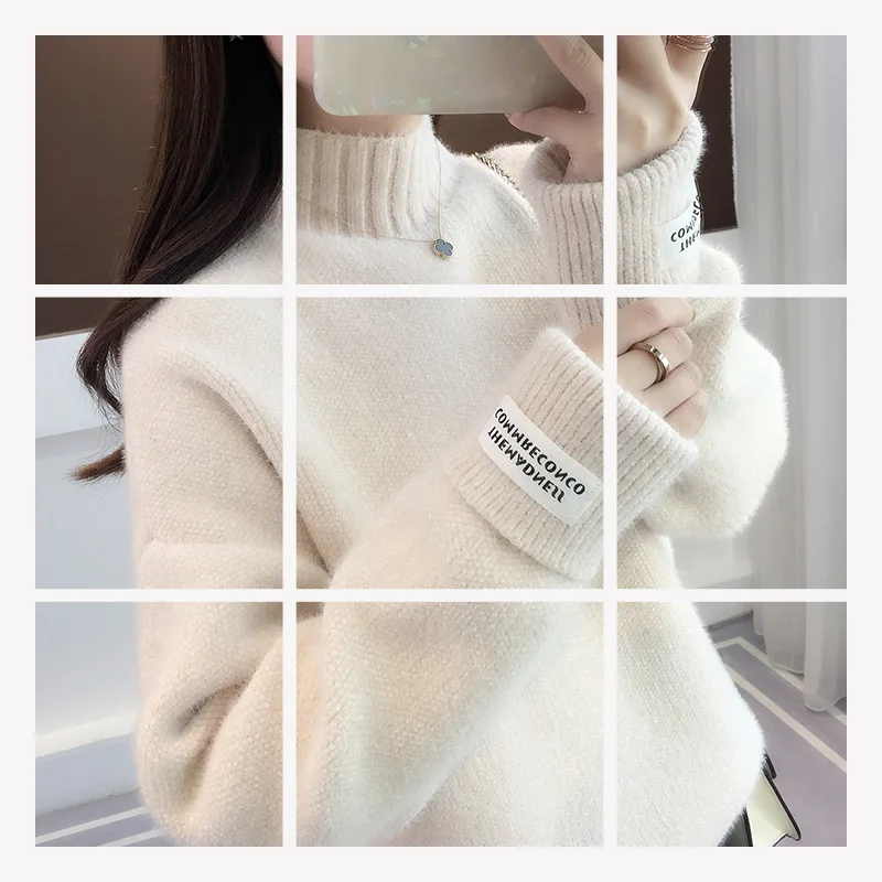 

Mink fleece turtleneck sweater women's autumn and winter new loose lazy pullover thickened chenille base sweater