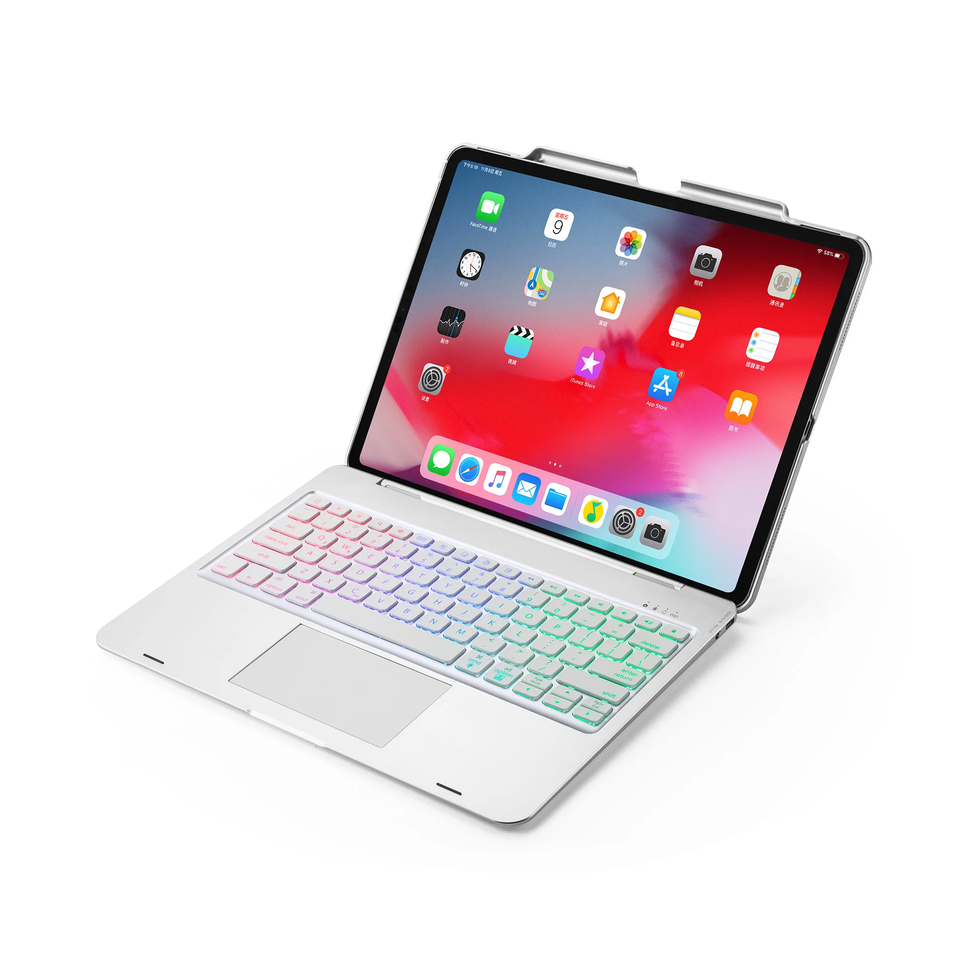 [Новинка] 4,0 Беспроводная bluetooth клавиатура для iPad pro 12,", сенсорная панель для мыши+ 7 цветов подсветка+ Премиум Пластиковый Чехол - Цвет: Silver