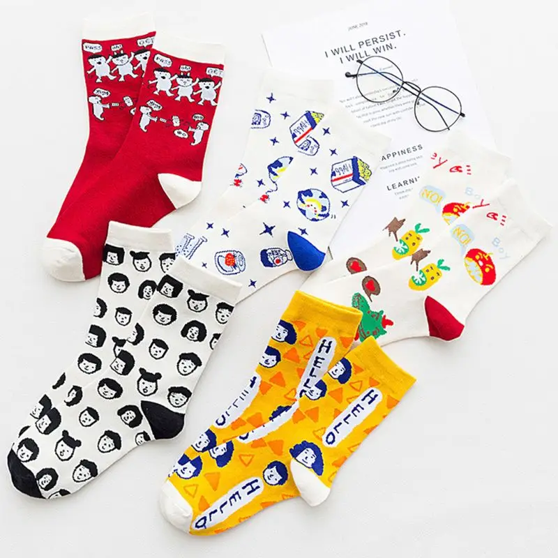 Unisex Women Men Cotton Socks Cartoon Print Funny Harajuku Hip Hop Long Hosiery