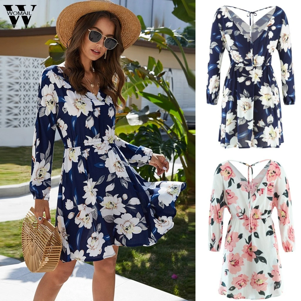 Womail Fashion Для женщин с v-образным вырезом с длинным рукавом с принтом Открытое платье пляжное платье, праздничное платье с длинным рукавом с вырезом платье летнее платье для пляжа