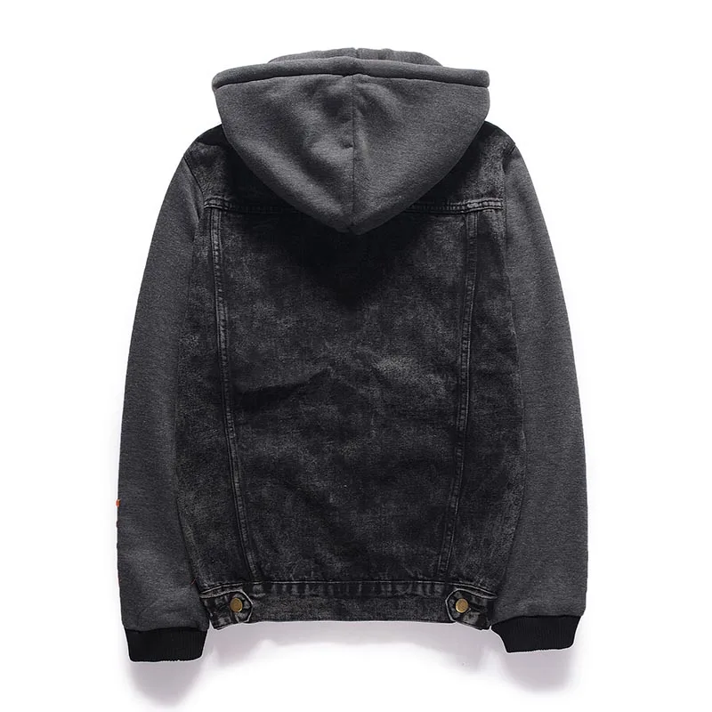 KIOVNO Men's Ripped Denim Jackets Knitted Sleeves Hooded Black Jeans Jackets Outwear For Male High Street  (1)