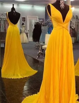 

Sexy A-Line Deep V-Neck Long Yellow Chiffon Evening Dresses with Pockets Floor Length Open Back Formal Party Dresses for Women