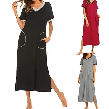 

Womens Summer Soft V Neck Color Block Nightwears Casual Short Sleeve Long Sleepshirts With Two Pockets Split Hem Nightgowns