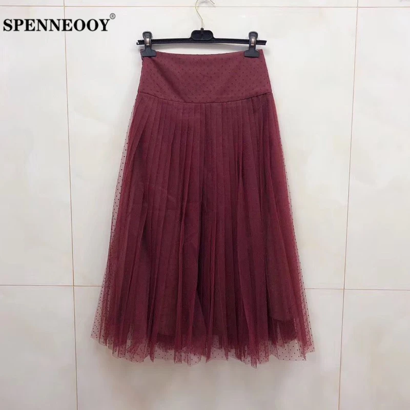 

SPENNEOOY Designer Custom Runway Female Fashion Summer Mesh Pleated Skirt Silk Lining Flocking Dot Women Commute Midi Skirt