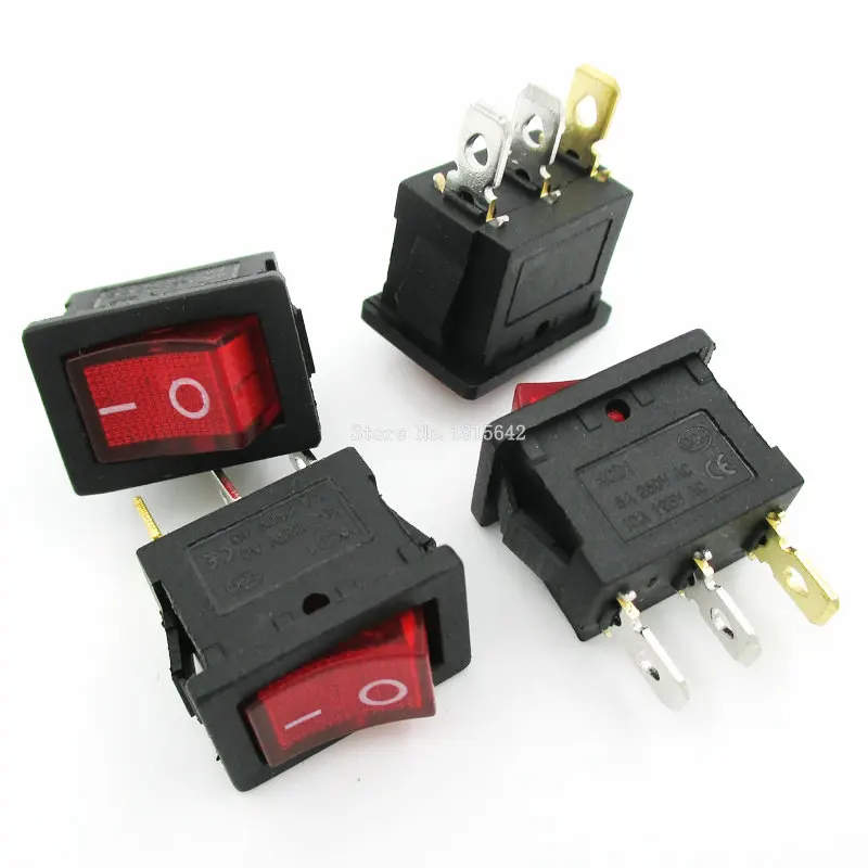 

5PCS/LOT 3 Pin AC 6A/250V 10A/125V Red Light ON-OFF SPST Snap in Boat Rocker Switch 15*21mm KCD1-101