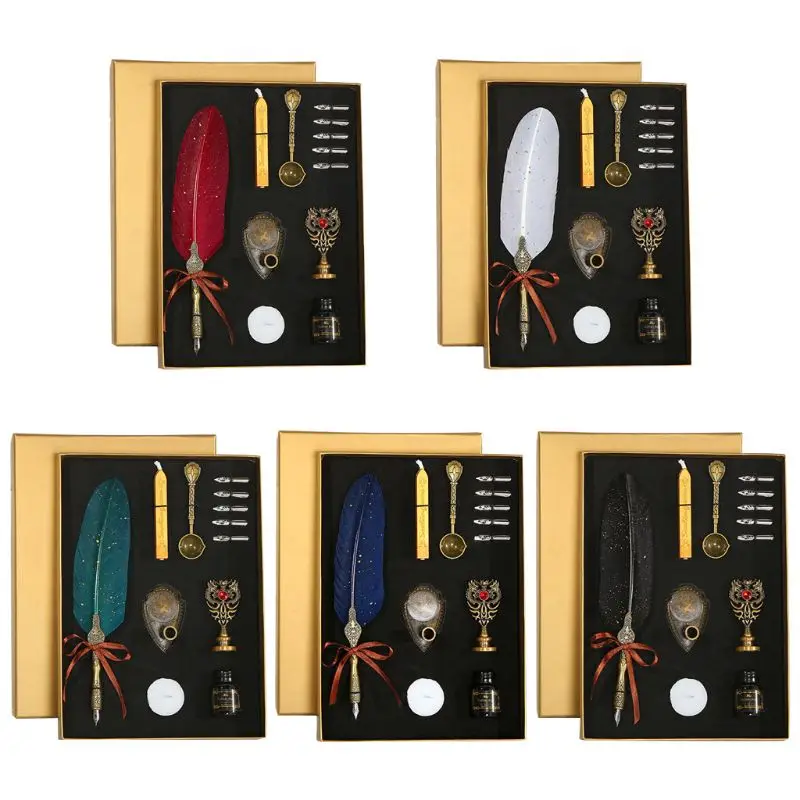 

Sprinkle Gold Luxury Vintage Feather Quill Dip Calligraphy Fountain Pen Writing Ink 5 Nibs Set Stationery Gift Box