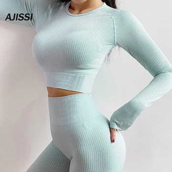 

Seamless cotton yoga set sportswear for women long sleeves top + leggings gym tracksuit fitness kits Sports Set can be alone buy