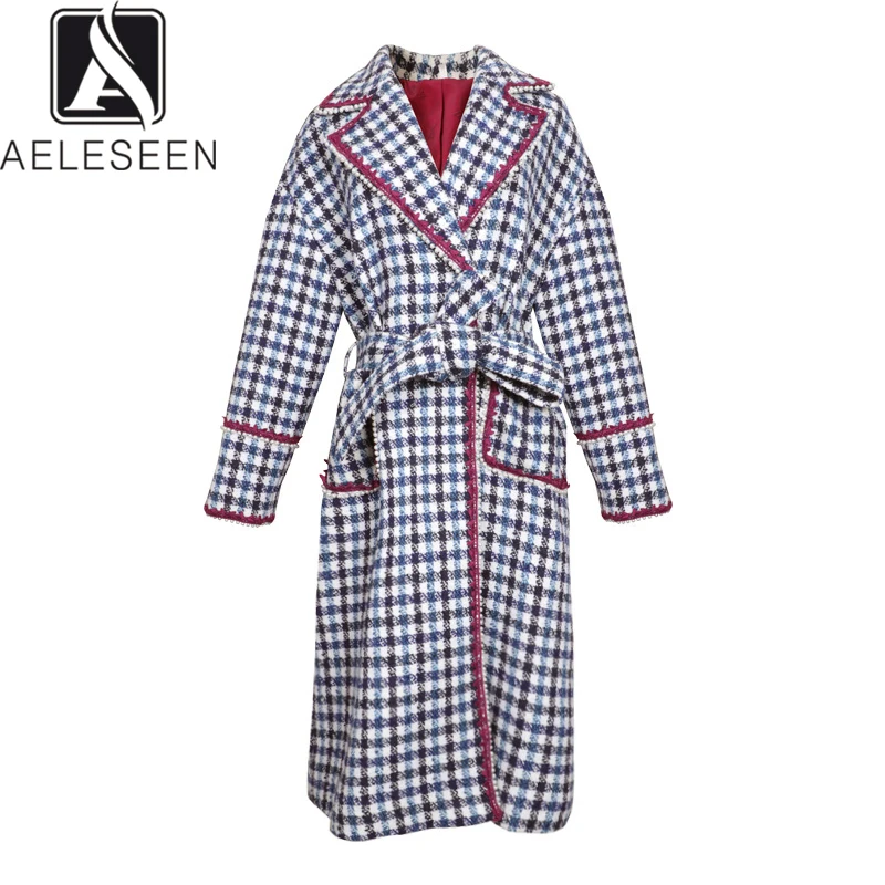 AELESEEN, Новое поступление, английский стиль, клетчатая ветровка для женщин, роскошная жемчужная и кружевная, с открытыми плечами, с поясом, X-Long, зимнее шерстяное пальто
