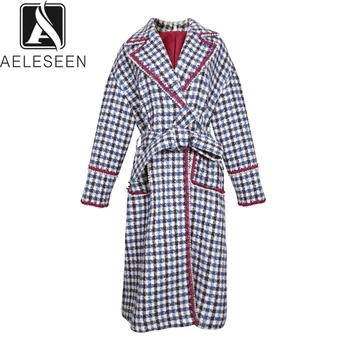 

AELESEEN New Arrival English Style Plaid Windbreaker Women Luxury Pearl & Lace Off Shoulder Sashes X-Long Woolen Winter Coat