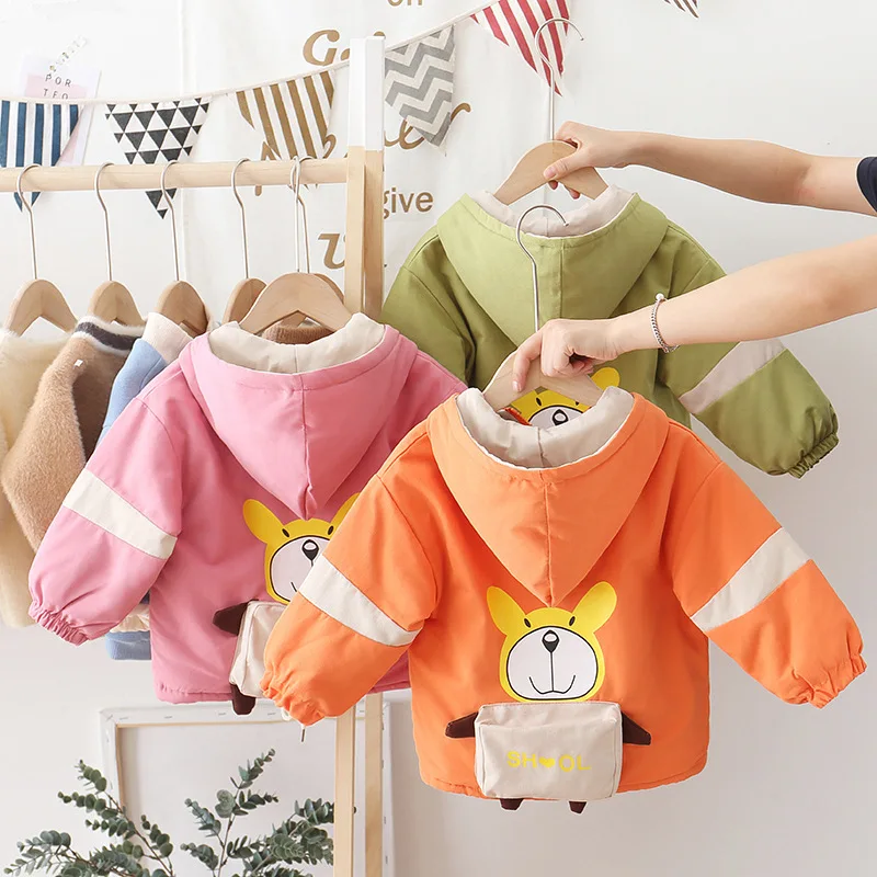 

Childrenswear 2019 Winter Girls Hooded Long Sleeve Jacket Children BOY'S Solid Color Cartoon Backpack Bear Padded