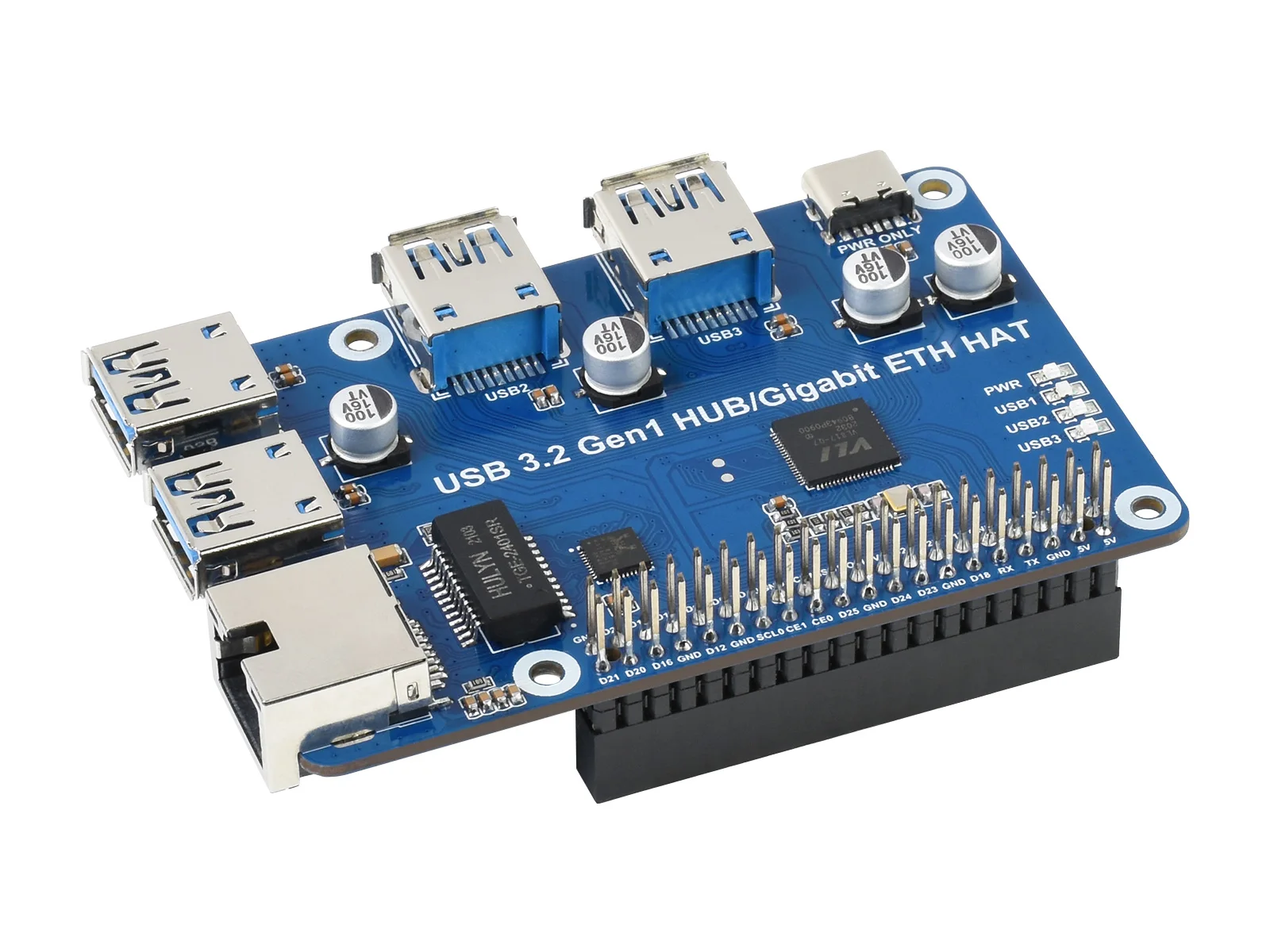 

Концентратор USB 3,2 Gen1 Gigabit ETH HAT, для Raspberry Pi, 3x USB 3,2 Gen1, 1x Gigabit Ethernet, без драйверов