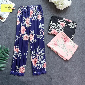

Pajamas Women Summer Printing Thin Trousers Lace Anti-Mosquito Pants Ice Silk Ankle-Length Pants Casual Air Conditioning Pants