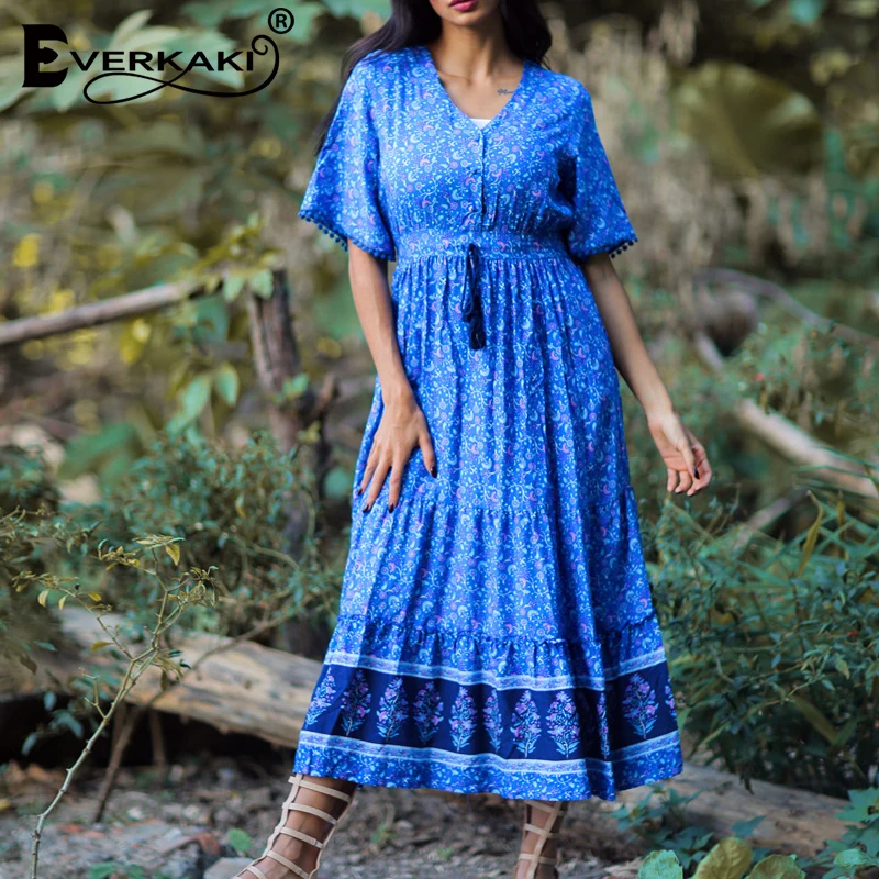 Everkaki, женское длинное платье, бохо, цветочный принт, летнее, vestidos, ленточки, с поясом, для девушек, макси, платья для женщин, весна, новая мода