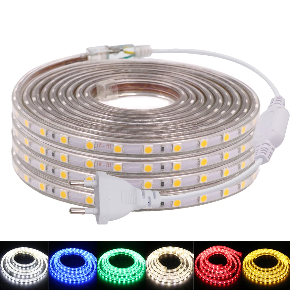 

AC 220V LED Strip Waterproof Outdoor Decoration 60LEDs/m 5050 Red Green Blue Yellow White Flexible Ribbon Tape LED Strip