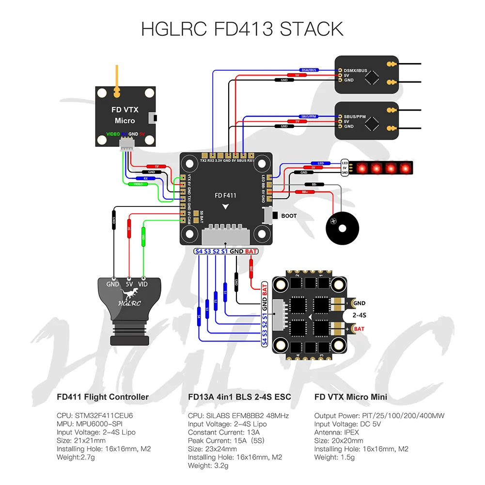 HGLRC FD413 стек 16x16 2-4S F411 Контроллер полета 13A BLS 4в1 ESC для FPV гоночного дрона