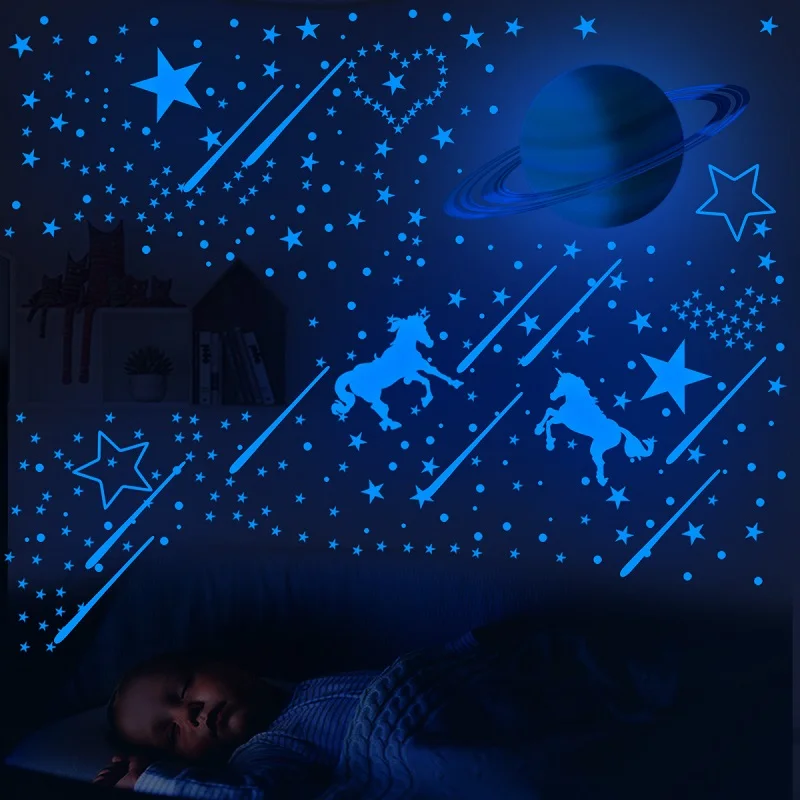 Glow in the Dark Stickers Wall Stickers Self Adhesive Wall Stickers Vinyl Stickers Vinyl Wall Stickers Self Adhesive Stickers Chalkboard Wall Stickers Chalkboard Stickers Blue Moon Stars Luminous Wall Stickers for Kids Rooms Decoration Art Fluorescent Unicorn Wall Decals