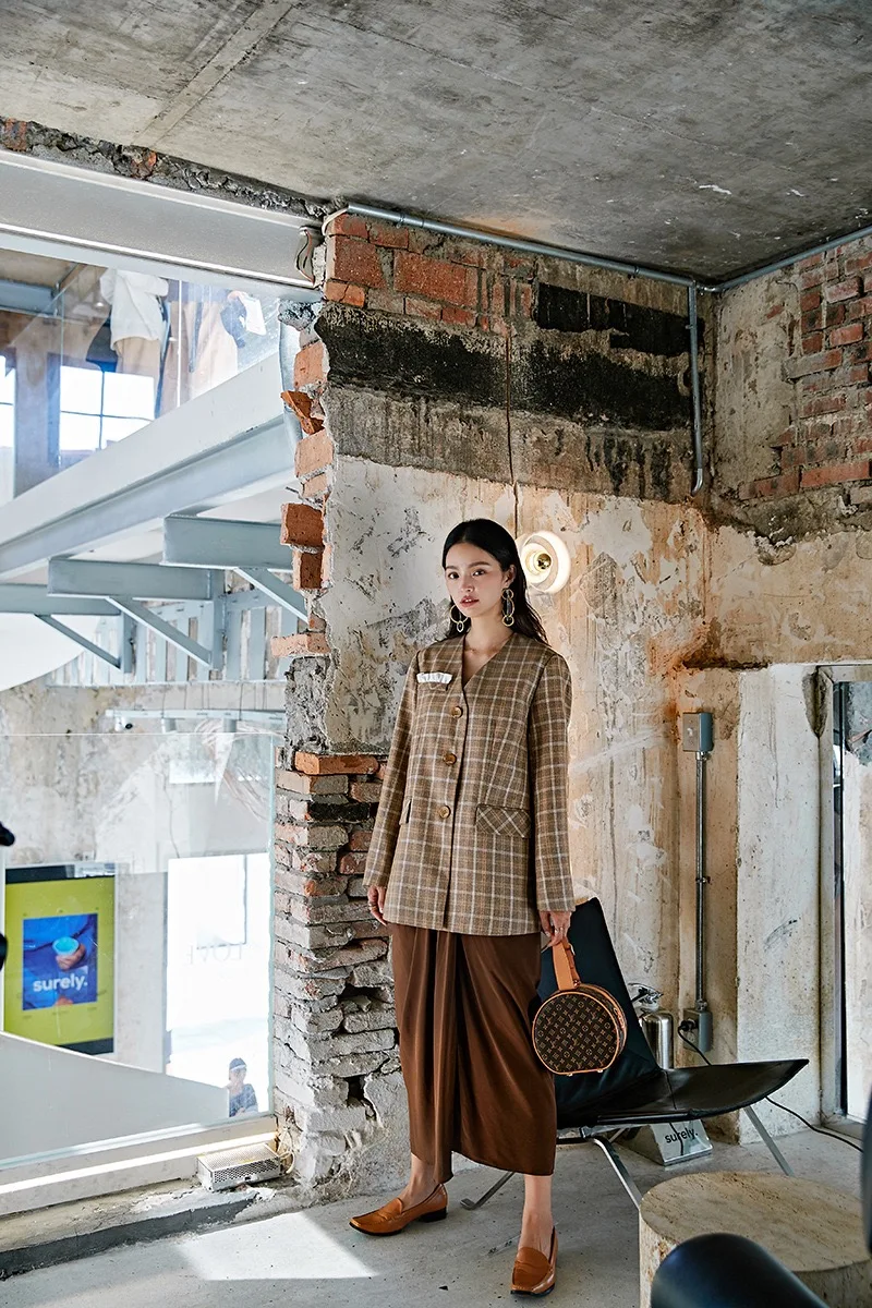 Осень зима Instagram Gloria& Grace коричневый клетчатый принт модное Свободное пальто больших размеров Блейзер Куртка Верхняя одежда