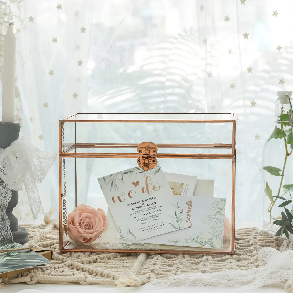 Pure Copper Medium Geometric Glass Card Box Terrarium Foot Latch Rose Gold Handmade Rectangular for Wedding Receiption Wishwell