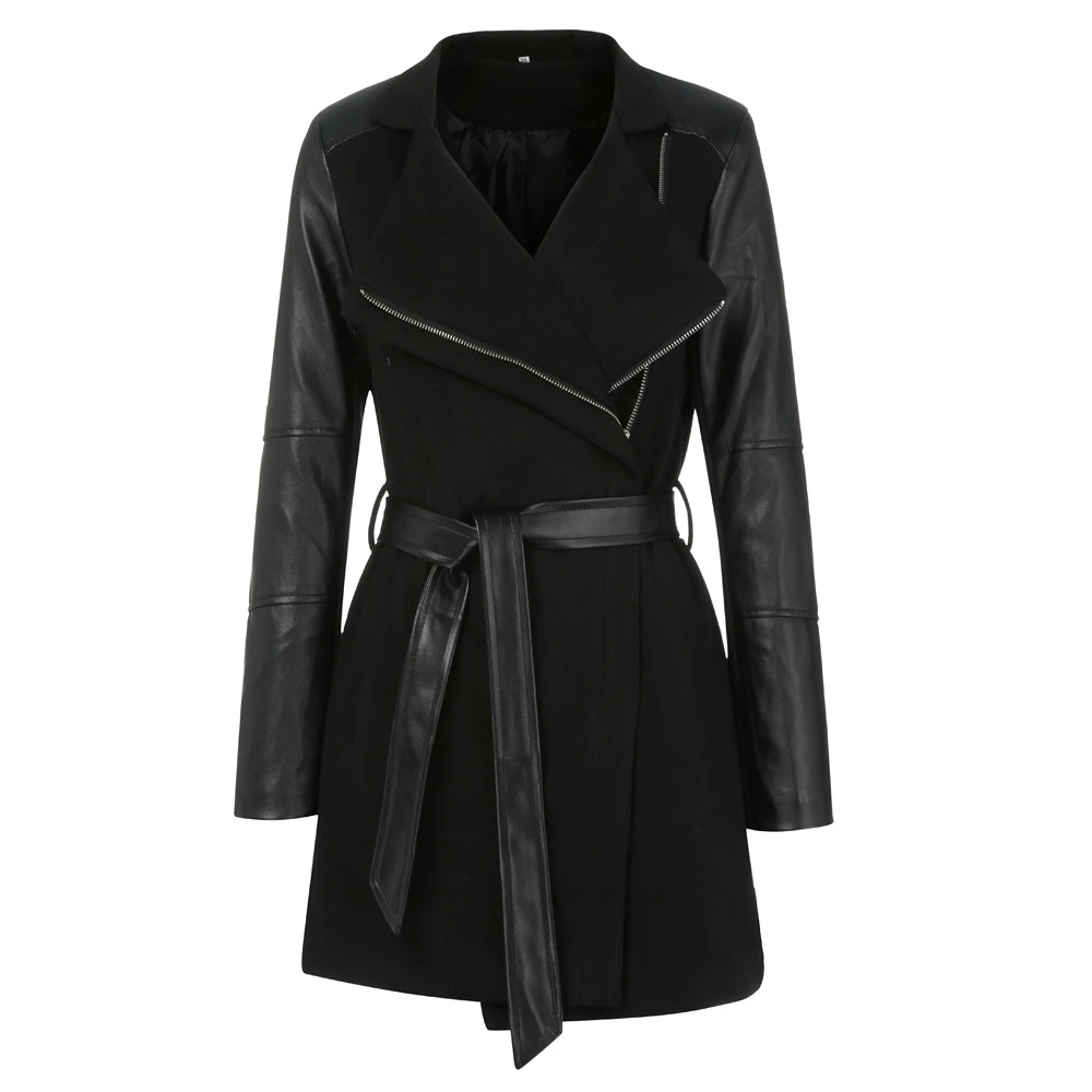 Jaycosin Winter Coats Women Autumn Fashion Zipper Leather Patchwork Sexy V Neck  Solid Casual Slim Overcoats Female Outer