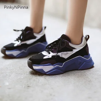 

futuristic design women platform sneakers shining genuine leather cow suede mesh breathable soft comfortable pop casual shoes