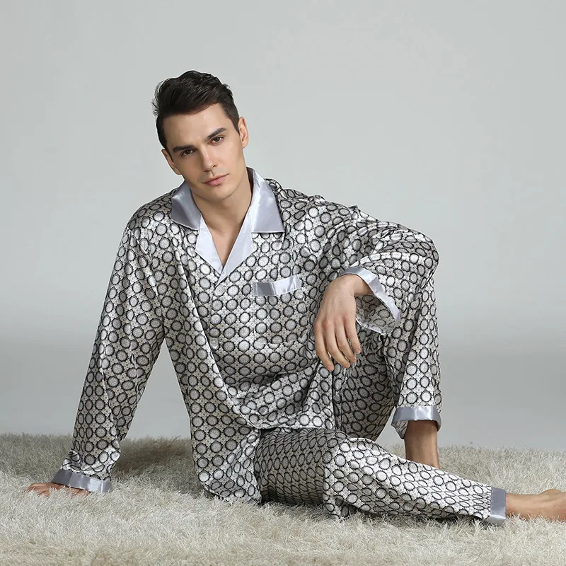 mens plaid pajama pants Casual Sleep Wear Men Nightwear Imitation Silk Pajama Set Men Comfortable Soft Long Sleeved Sleepwear Set Top + Pants Two-piece plus size silk pajamas