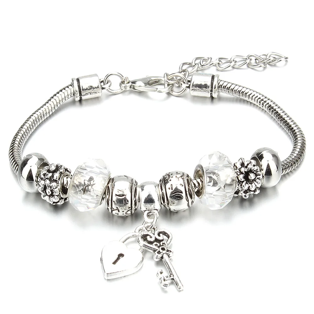 Bracelet Jewelry Vintage Original Heart-Shaped Key Lock Charm Bracelets for Women Rhinestone Beads Bracelet & Bangle DIY Jewelry Gifts