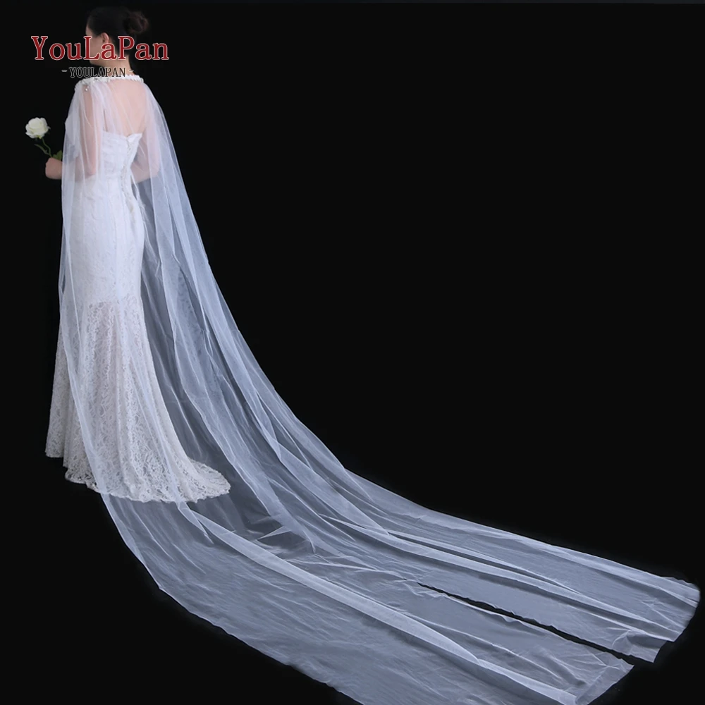 

YouLaPan G21 Luxurious 3M Wedding Cape Cloak with Flower Bridal Shawl Wrap with Pearls Diamonds for Marriage Female Cloak Cape