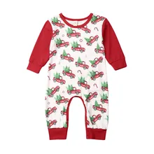 Рождественская Одежда для новорожденных мальчиков и девочек; осенний хлопковый комбинезон с принтом автомобиля; Детский комбинезон с круглым вырезом и длинными рукавами; один предмет