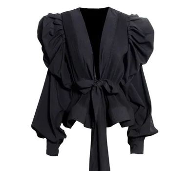 

WOMENGAGA 2020 Summer New Shirt Long-sleeve Puff Sleeve Sashes Casual Solid Cardigan Patchwork Vintage Pleated Slim A286