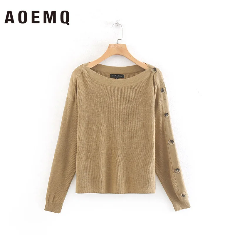 

AOEMQ Winter Sweaters Knitting Handmade Khaki Solid Color Sweaters Striped Slash Collar Sweaters Sleeve with Button Women Tops