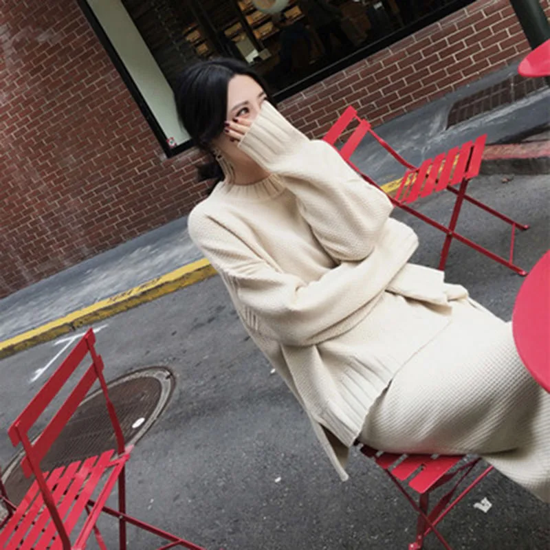 

Autumn and Winter Long Knitted Dress Two-piece Set With Hip Round Collar Sweater Set Skirt Autumn Decoration Urban Leisure