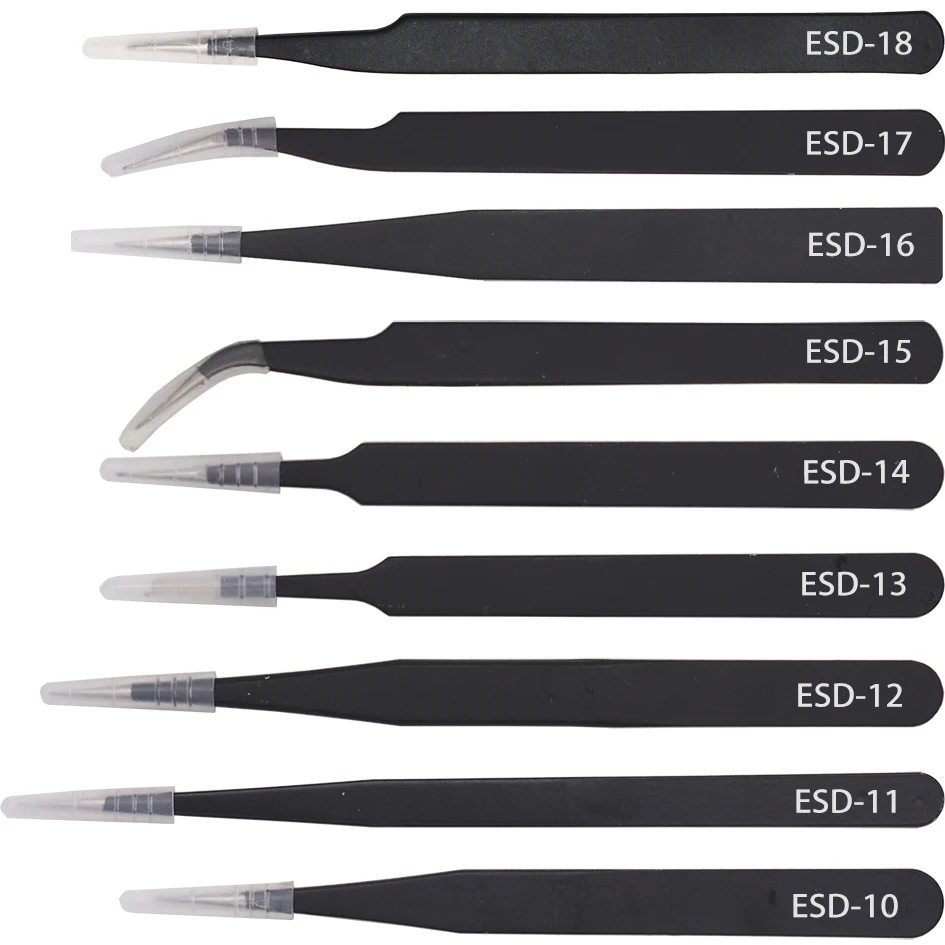 120pcs Yellow Package Black Tweezers HRC40 Antistatic Stainless Steel Nipper ESD-10 11 12 13 14 15 16 17 18 for Repairing