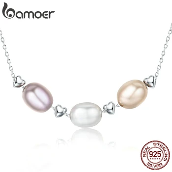 

BAMOER New Collection Genuine 925 Sterling Silver Love Friendship Family Fresh Water Pearl Necklace Jewelry Bijoux SCN075