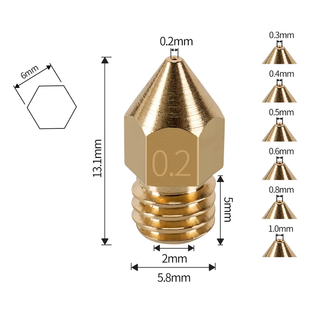Buse laiton MK8 pour filament 1.75 mm (0.2 mm, 0.3 mm, 0.4 mm, 0.5 mm)