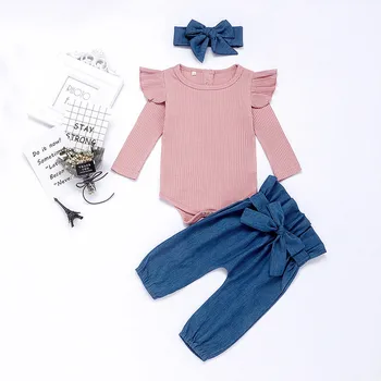 

Long Sleeve Ruffles Romper Bodysuit Newborn Baby Girl Clothes Spring Casual Bowknot Pants Headband Toddler Girls Clothing Set