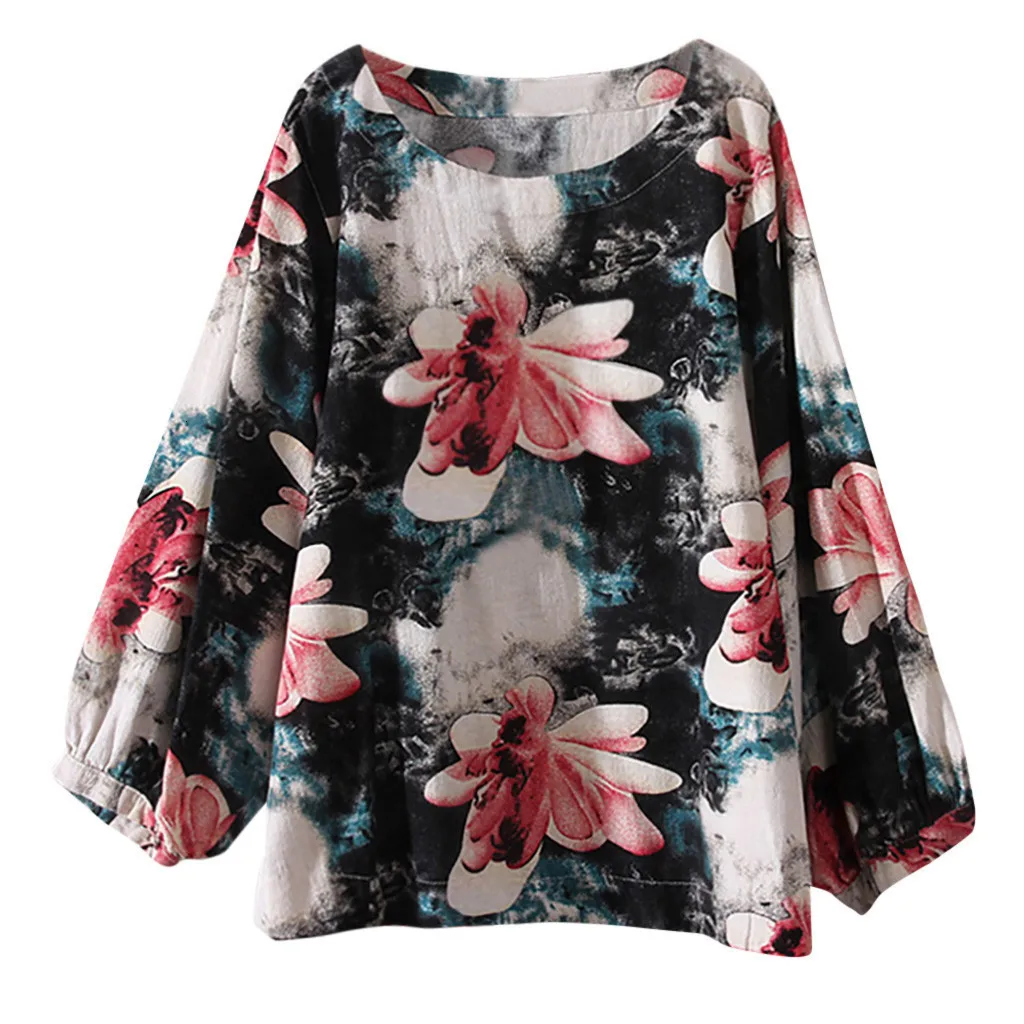 Women Blouse Casual Plus Size Cotton Tops Tee Shirt Vintage Boho Floral Loose Blouse Lantern Sleeve Womens Tops And Blouses #20