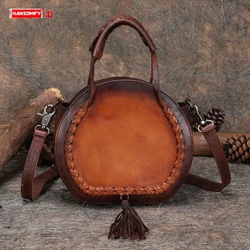 

New Women Handbag Leather Shoulder Bag Female Messenger Bag Personality Tassel Ladies Small Round Bags Head Layer Leather Single