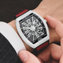 PINTIME Reloj de pulsera para hombre, resistente al agua, con diamantes incrustados, Gypsophila, correa de cuero de cuarzo, a la moda, con calendario