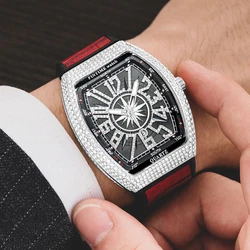 PINTIME Reloj de pulsera para hombre, resistente al agua, con diamantes incrustados, Gypsophila, correa de cuero de cuarzo, a la moda, con calendario
