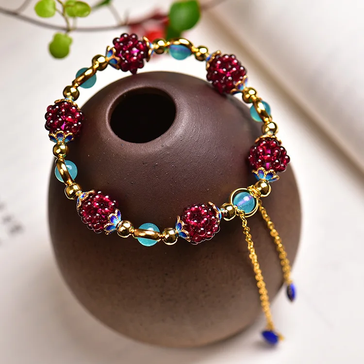 Натуральный кристалл 7A гранат цветок мяч браслет ручной работы сферические ювелирные изделия для женщин 925 стерлингового серебра браслеты