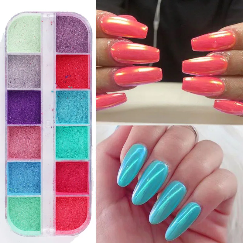 12 Grids Chrome For Nail Art Decorations Nail Powder Dipping Shimmer Dust Colorful Pigment Powder Rubbing Pearl Glitter