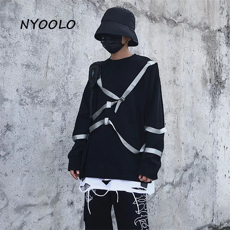 NYOOLO Harajuku уличная функциональная лента толстовки Осень Свободный Длинный рукав хип хоп пуловеры толстовка женская мужская одежда