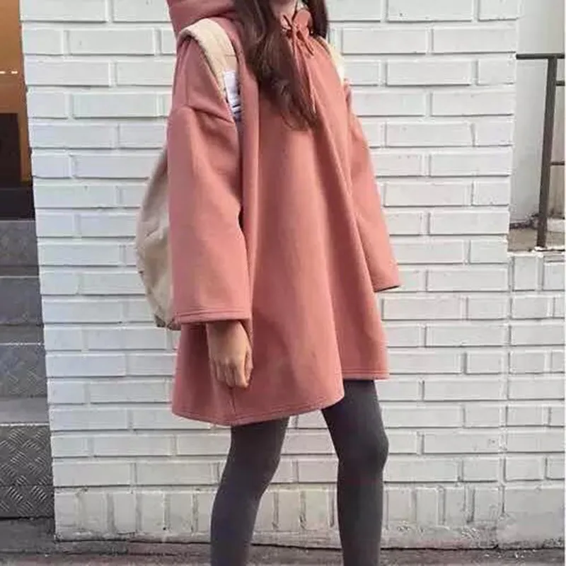 

Fashion Women's Casual Autumn Winter Korean Version Large Size All-Matched Fleece Lined Loose Long-Sleeved Hooded Cloak-Style