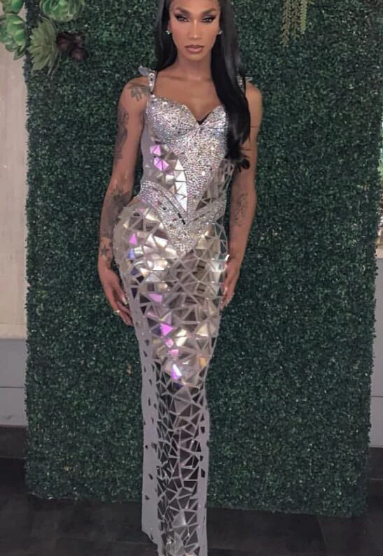 Silver long dress Блестящее платье с блестками и зеркалами для женщин; стразы для дня рождения; костюм для выпускного вечера; серое платье с блестками; вечернее платье - Цвет: Silver long dress