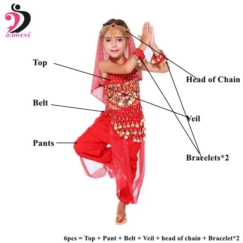 Red 6pcs Детский костюм для танца живота, новинка года, Индийский Болливуд, Восточный Египетский танец живота, платье для девочек, топ для танца живота, штаны, 6 цветов - Цвет: Red 6pcs